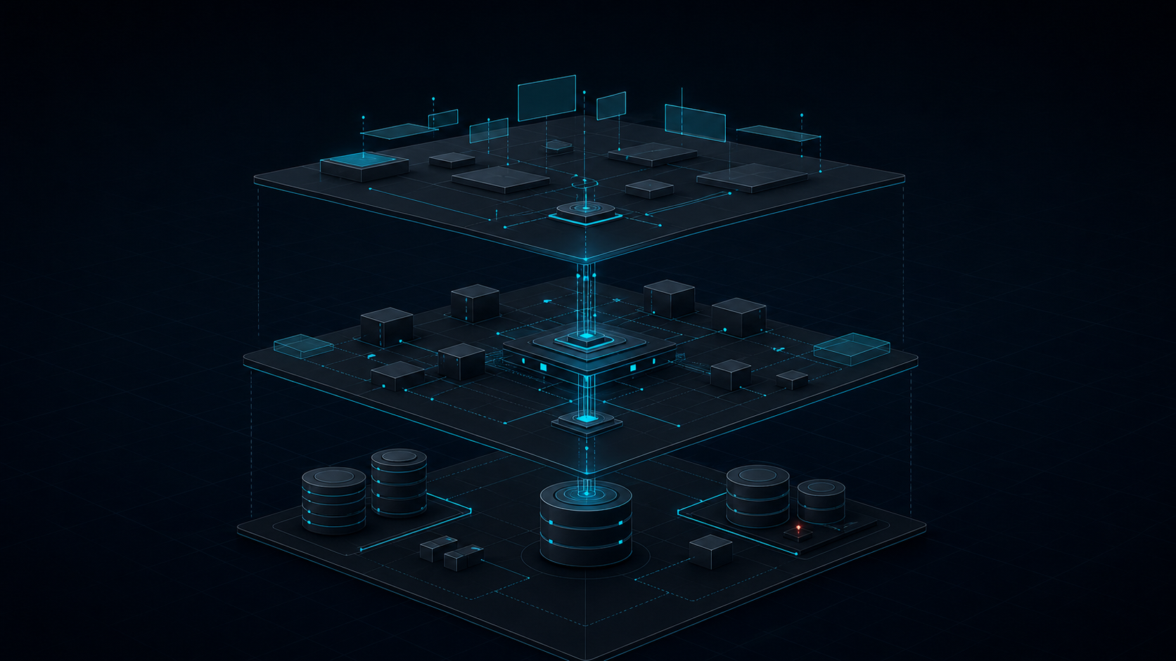 Schichtdiagramm eines Full-Stack-Technologie-Stacks von Frontend bis Infrastruktur