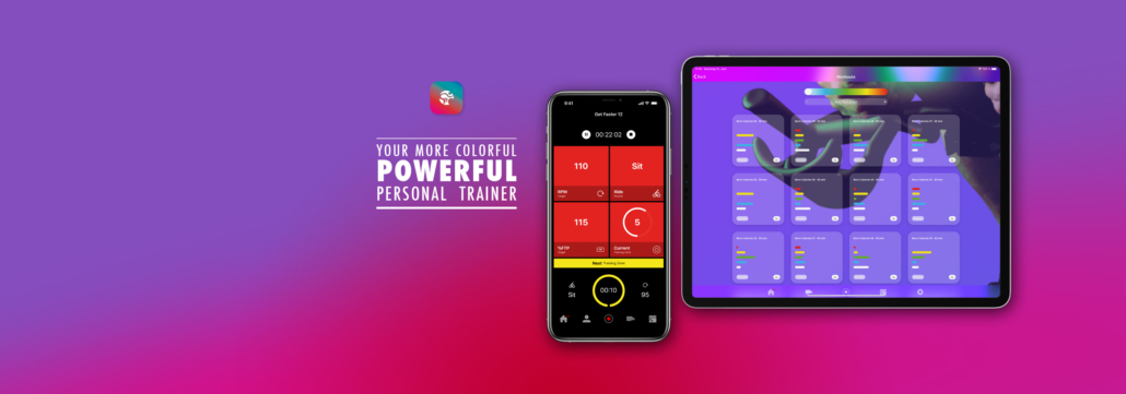 ICG Training App auf Smartphone und Tablet vor violettem Kampagnenhintergrund
