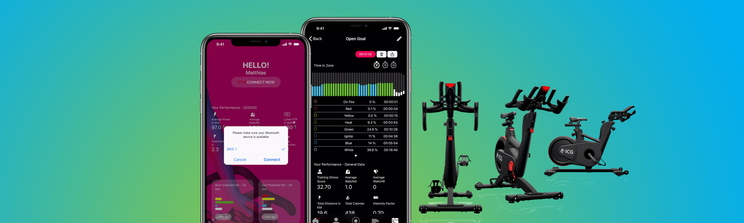 ICG App mit Indoor Bikes auf farbigem Hintergrund